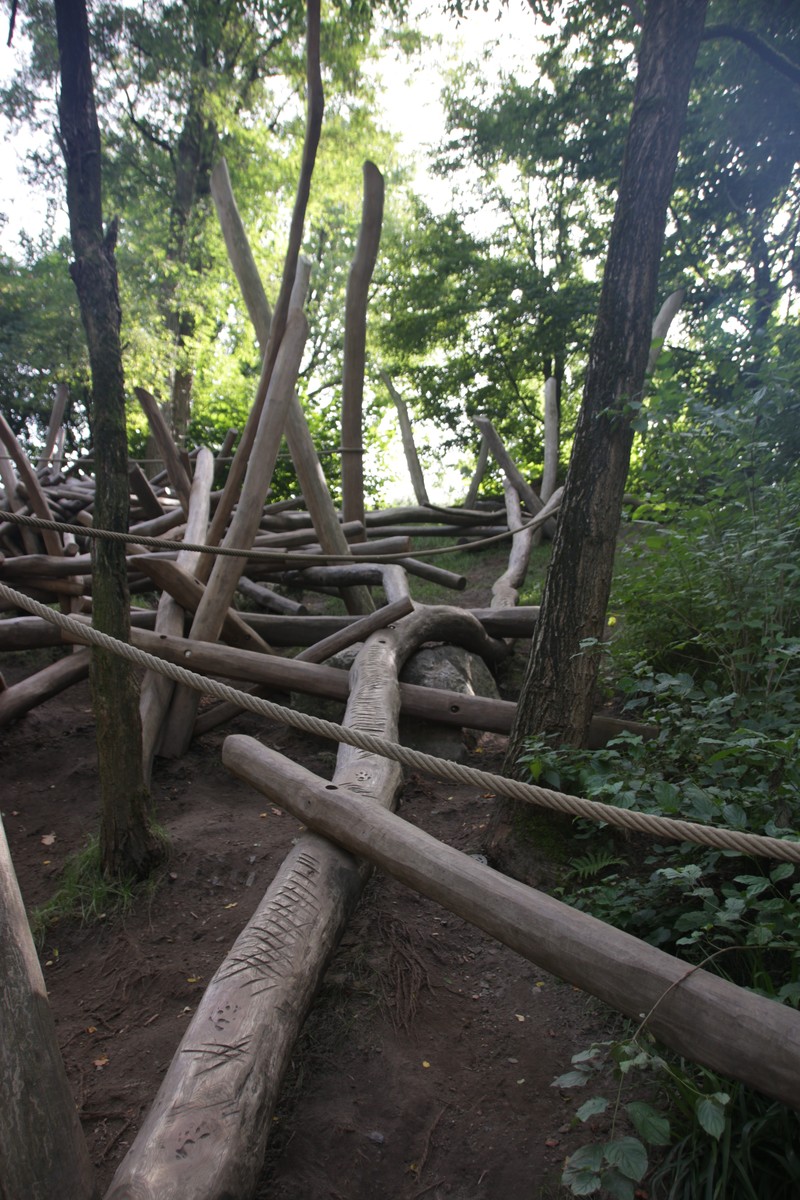 Das Foto zeigt einen Stapel von naturbelassenen Baumst&aumlmmen, die ein Kletterger&uumlst f&uumlr Kinder bilden. Die befestigten St&aumlmme bilden sehr viele &uumlber und untereinander verzweigte Richtungen. Das Ger&uumlst liegt an einem Hang. Der Beobachter steht am Fuße des Hanges. Es ist keine Ordnung zu erkennen.