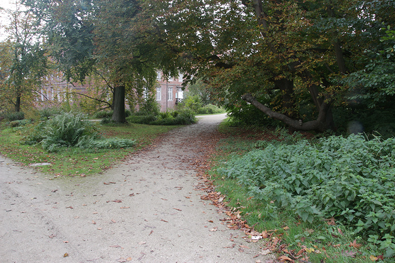 Die Fotografie zeigt eine Weggabelung in einem Park. Rechts und links stehen B&aumlume, B&uumlsche und Farn. Links ist eine Bank zu sehen. Im Hintergrund steht das Schloss Herten. Zu sehen ist ein Teil des Gebäudes mit rotem Mauerwerk.